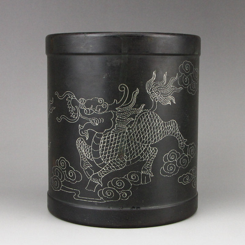 Old Chinese Bronze Inlay Silver Wire Fortune Kylin Brush Pot