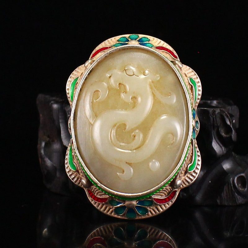 Vintage Chinese Silver Inlay Hetian Jade Belt Buckle