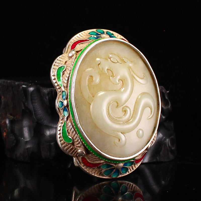 Vintage Chinese Silver Inlay Hetian Jade Belt Buckle