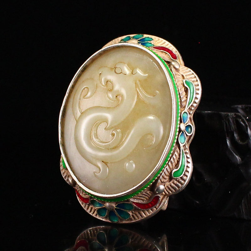 Vintage Chinese Silver Inlay Hetian Jade Belt Buckle