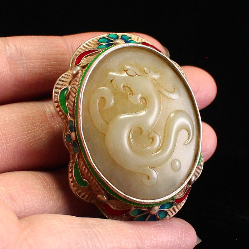 Vintage Chinese Silver Inlay Hetian Jade Belt Buckle