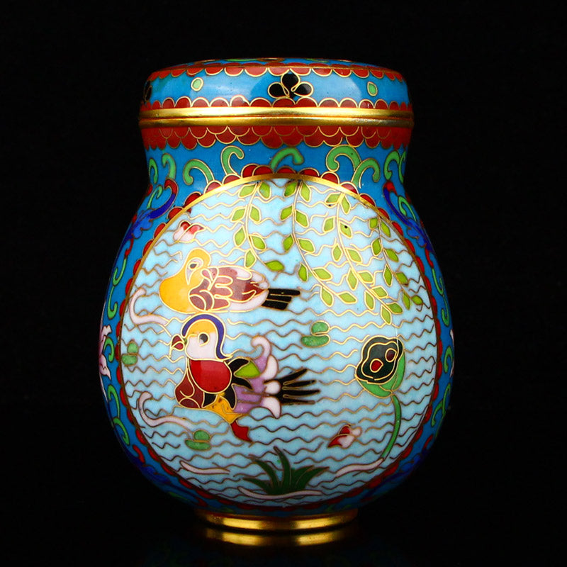 Chinese Gilt Edge Bronze Cloisonne Mandarin Duck Cricket Pot