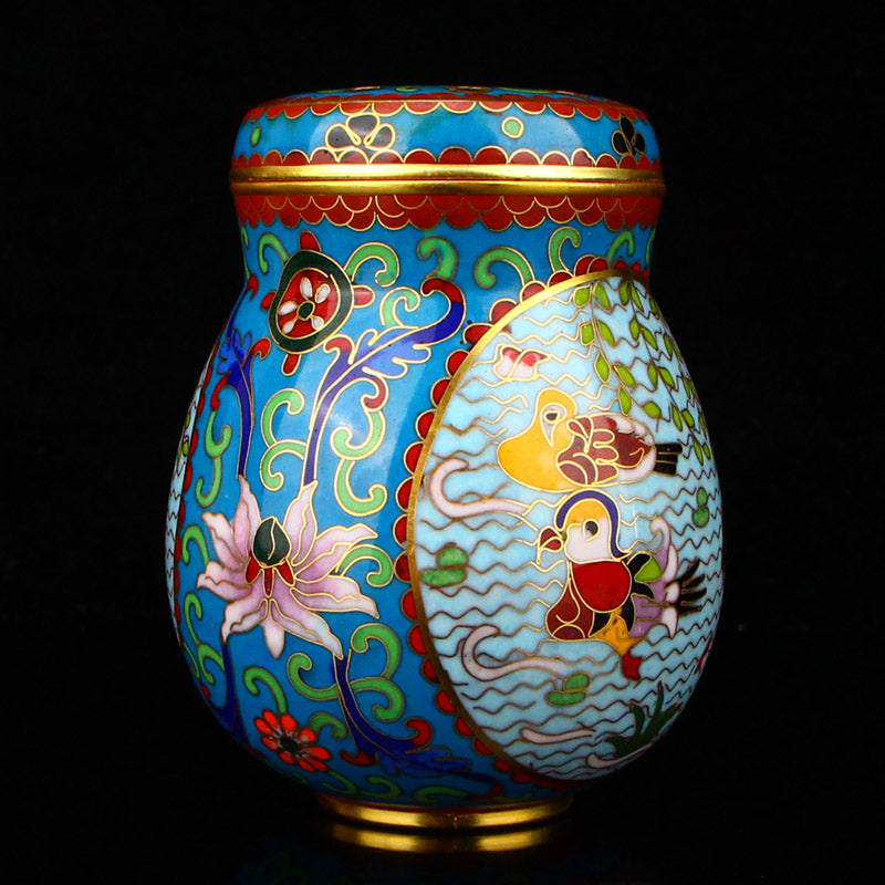 Chinese Gilt Edge Bronze Cloisonne Mandarin Duck Cricket Pot