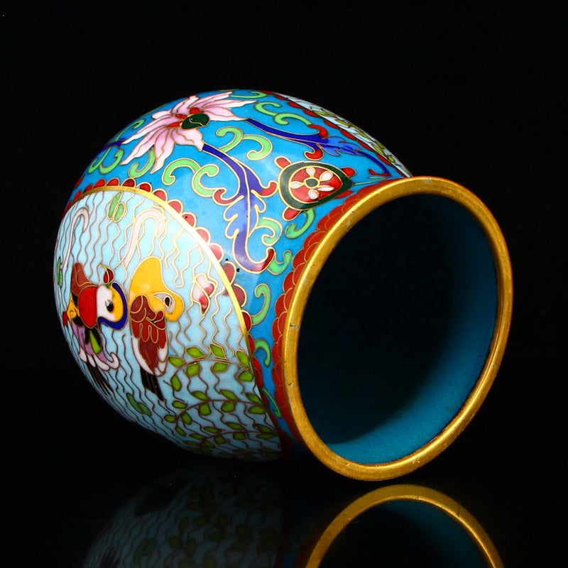 Chinese Gilt Edge Bronze Cloisonne Mandarin Duck Cricket Pot