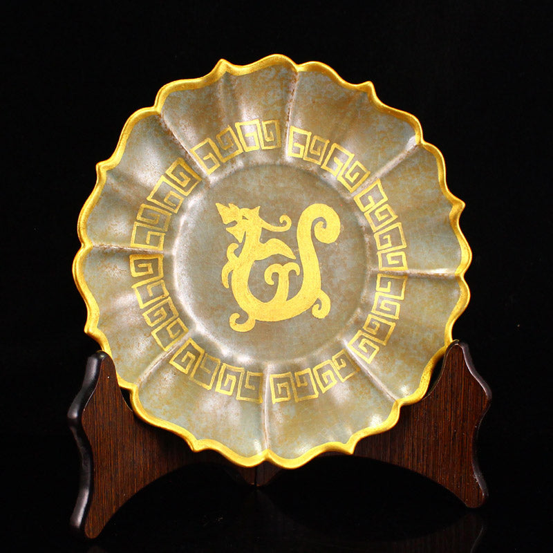 Old Chinese Gilt Gold Ru Kily Blue Glaze Porcelain Plate