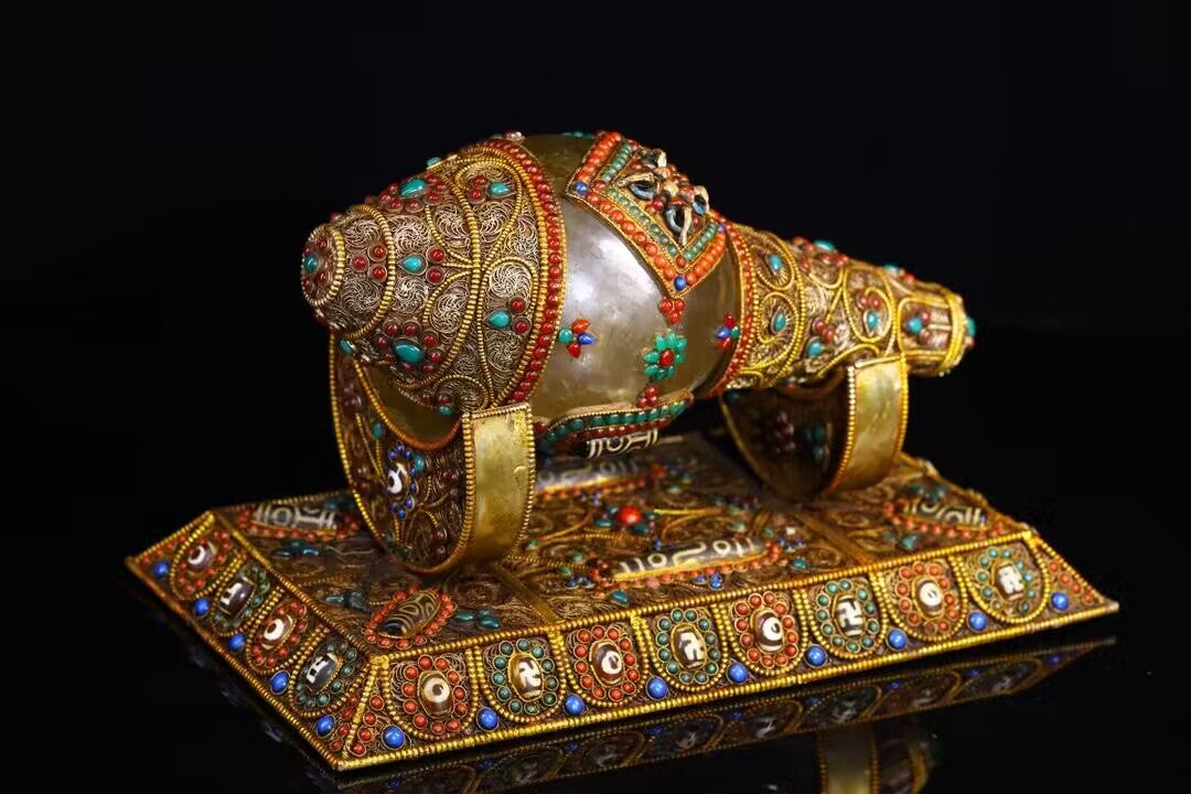 Tibetan Gilt Gold Silver Wires Inlay Crystal & Turquoise,Red Coral,DZI Agate,Lapis Lazuli Conch