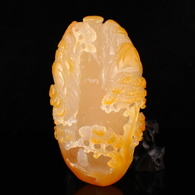 Natural Agate Carved Pine Tree & Figure Statue w Certificate