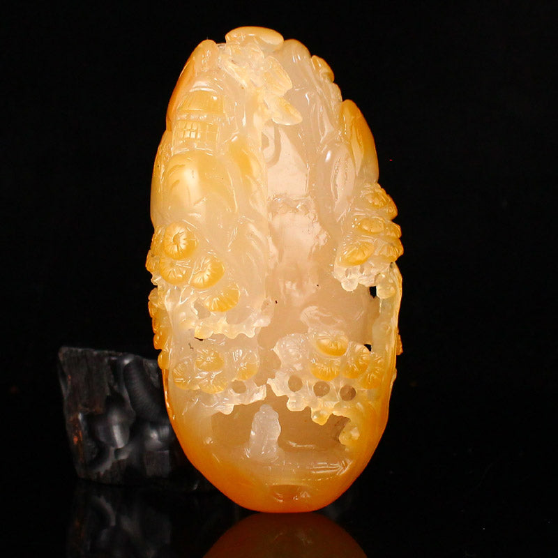 Natural Agate Carved Pine Tree & Figure Statue w Certificate
