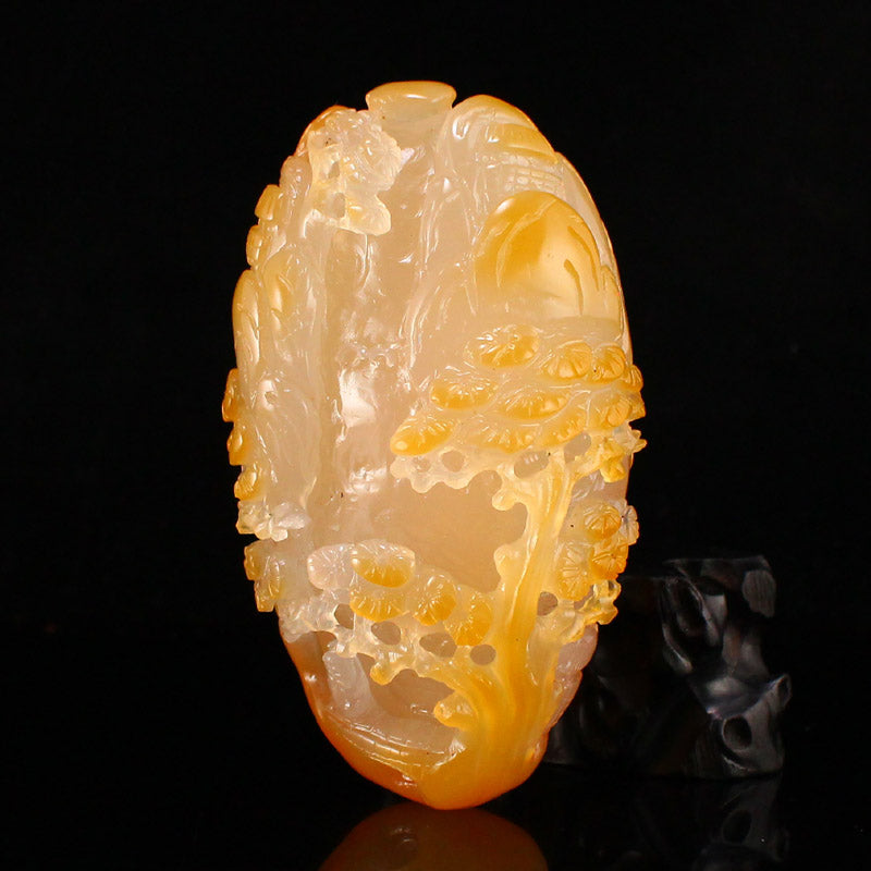 Natural Agate Carved Pine Tree & Figure Statue w Certificate