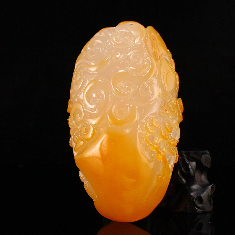 Natural Agate Carved Pine Tree & Figure Statue w Certificate