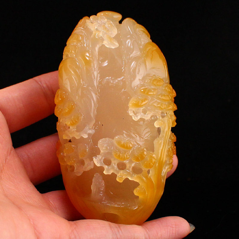Natural Agate Carved Pine Tree & Figure Statue w Certificate