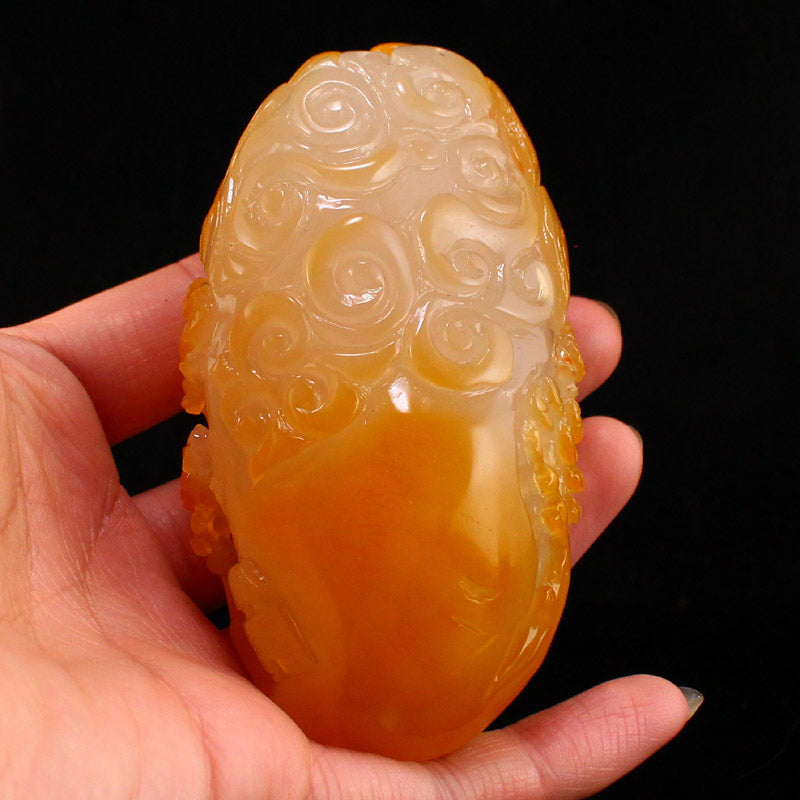 Natural Agate Carved Pine Tree & Figure Statue w Certificate