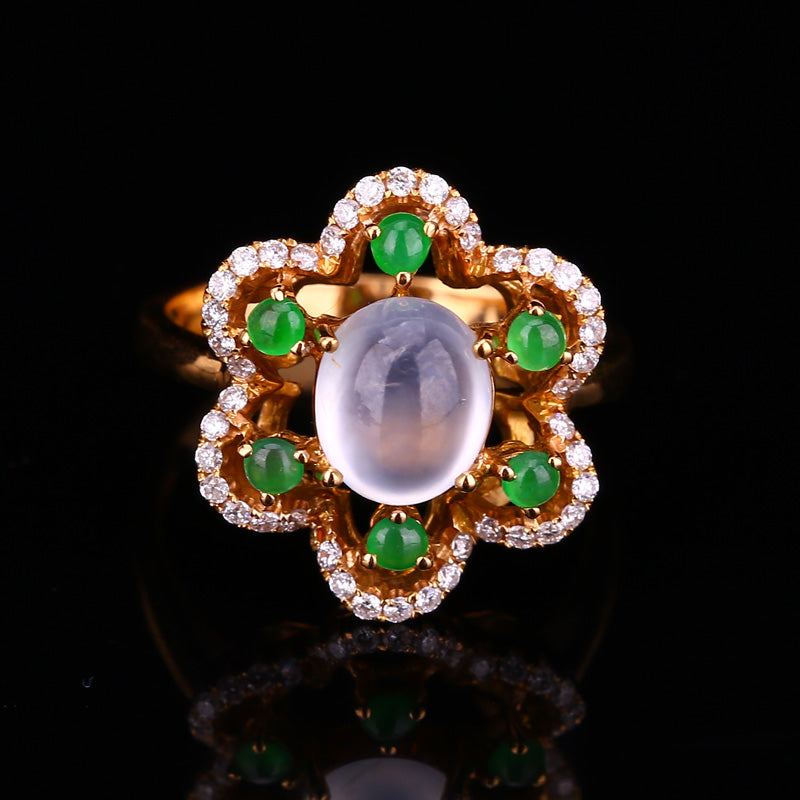 High Quality 18K Gold Inlay Green & White Jadeite,Diamond Ring