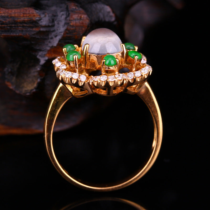 High Quality 18K Gold Inlay Green & White Jadeite,Diamond Ring