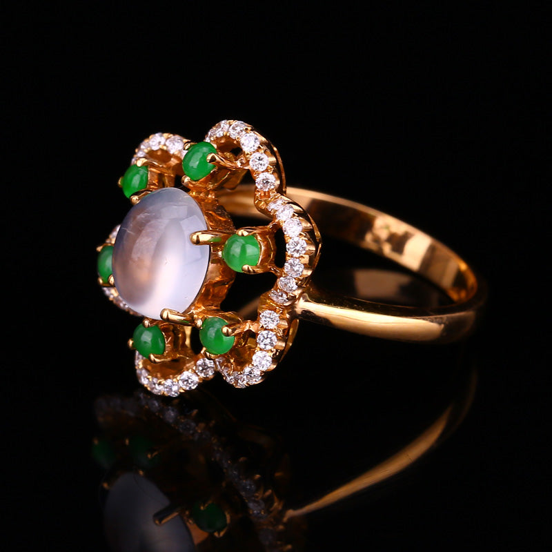 High Quality 18K Gold Inlay Green & White Jadeite,Diamond Ring