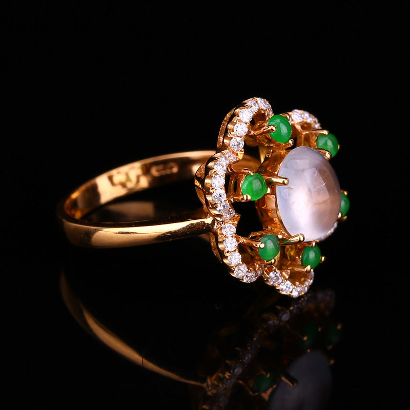 High Quality 18K Gold Inlay Green & White Jadeite,Diamond Ring