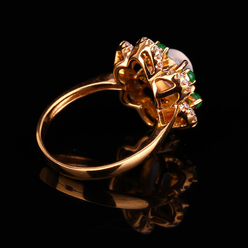 High Quality 18K Gold Inlay Green & White Jadeite,Diamond Ring