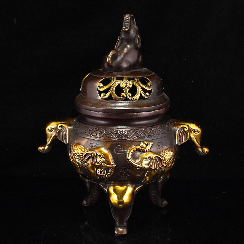 Vintage Gilt Gold Copper Elephant Double Ears 3 Legs Incense Burner