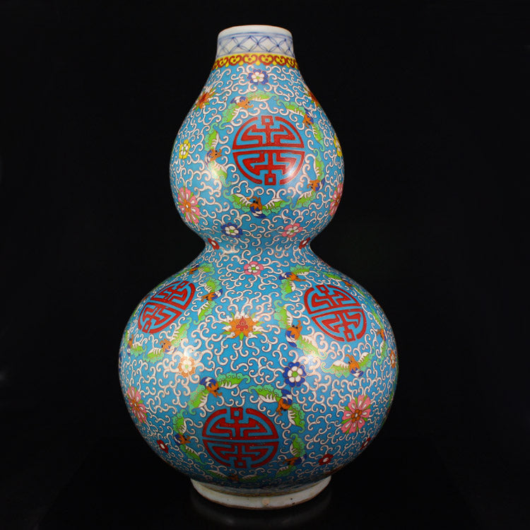 Chinese Famille Rose Flower & Bat Design Gourd Porcelain Vase
