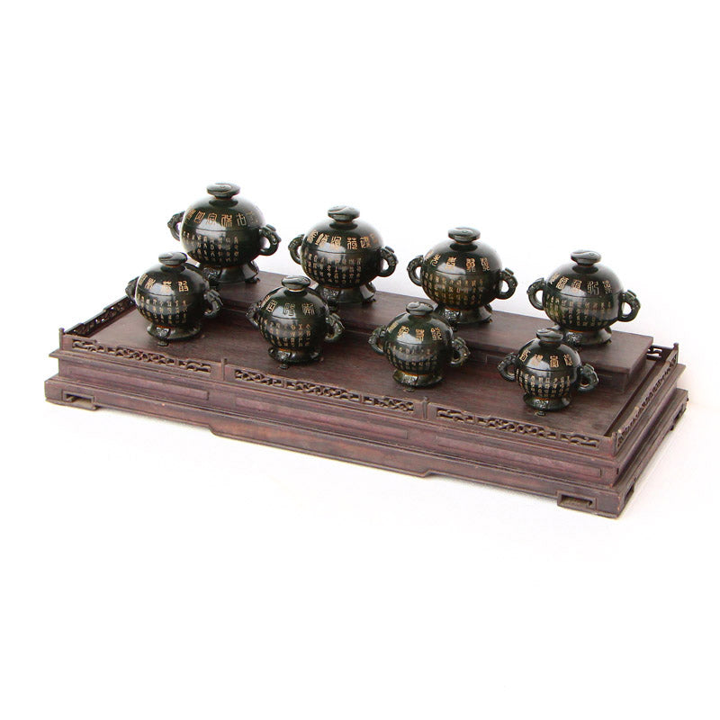A Set Eight Deep Green Hetian Jade Poetic Prose Double Ears 3 Legs Incense Burner