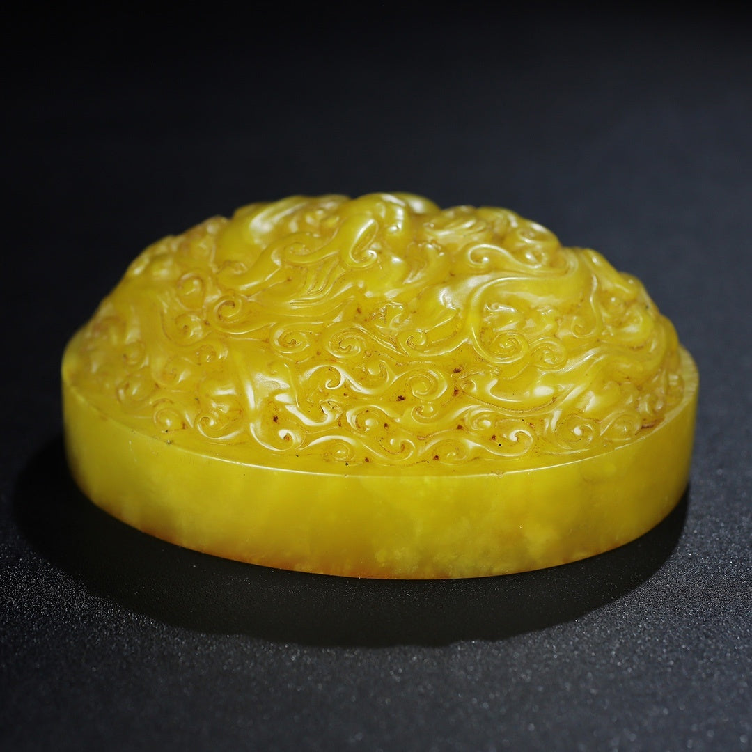 Old Chinese Yellow Shoushan Stone Low Relief Five Dragon Seal w Wood Box