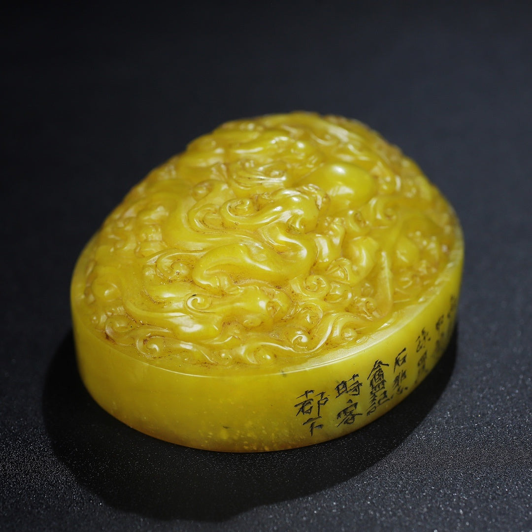Old Chinese Yellow Shoushan Stone Low Relief Five Dragon Seal w Wood Box