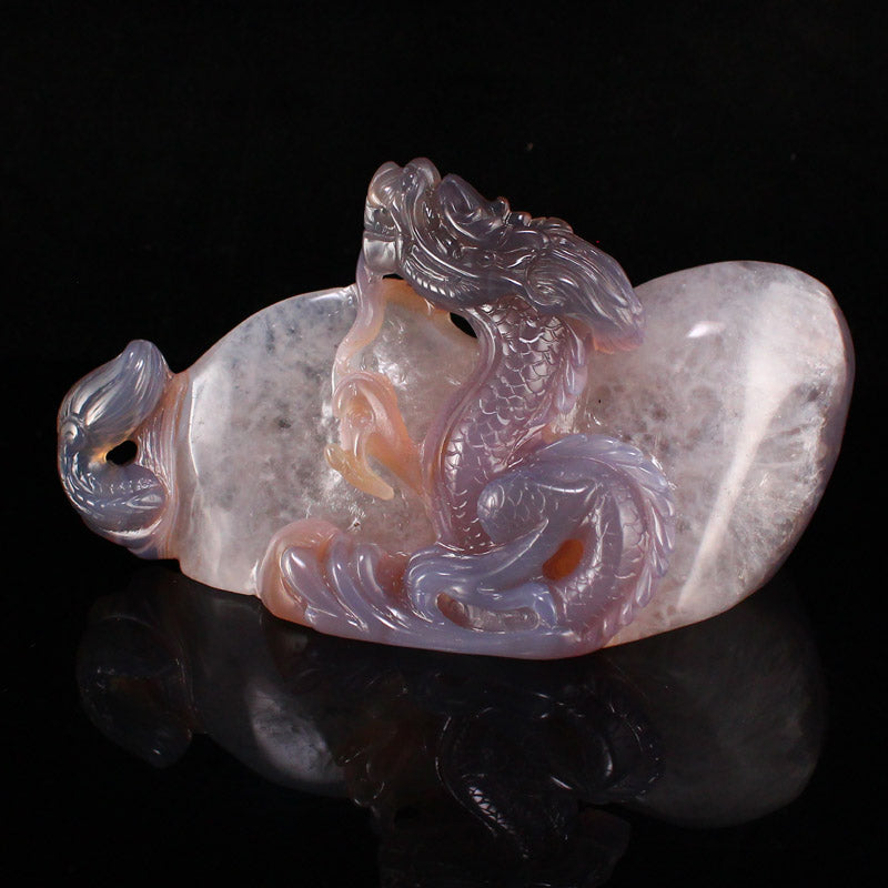 Natural Agate High Relief Fortune Dragon Statue w Certificate