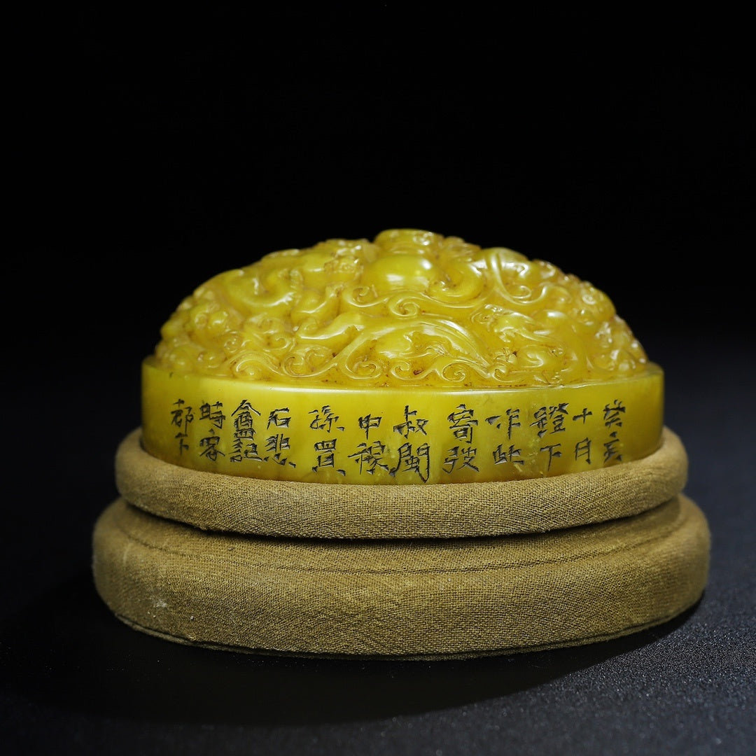 Old Chinese Yellow Shoushan Stone Low Relief Five Dragon Seal w Wood Box