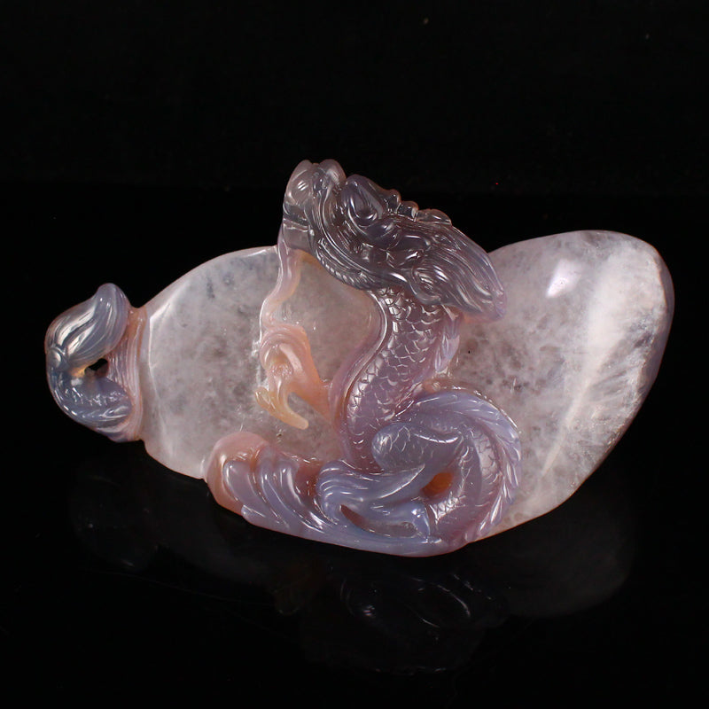 Natural Agate High Relief Fortune Dragon Statue w Certificate