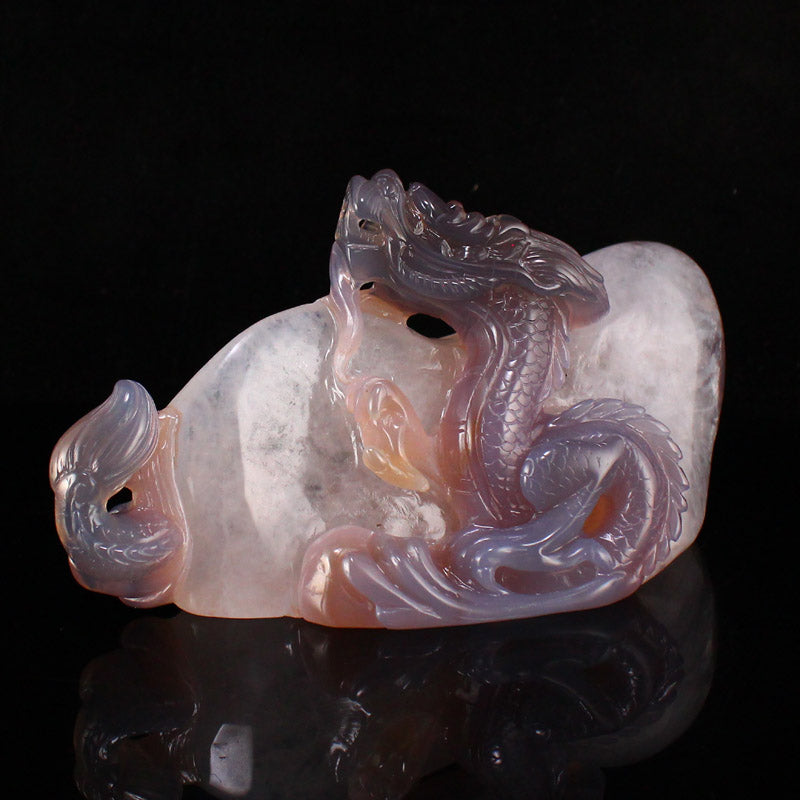 Natural Agate High Relief Fortune Dragon Statue w Certificate