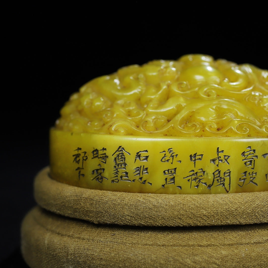 Old Chinese Yellow Shoushan Stone Low Relief Five Dragon Seal w Wood Box