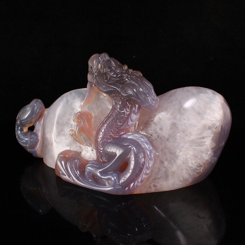 Natural Agate High Relief Fortune Dragon Statue w Certificate