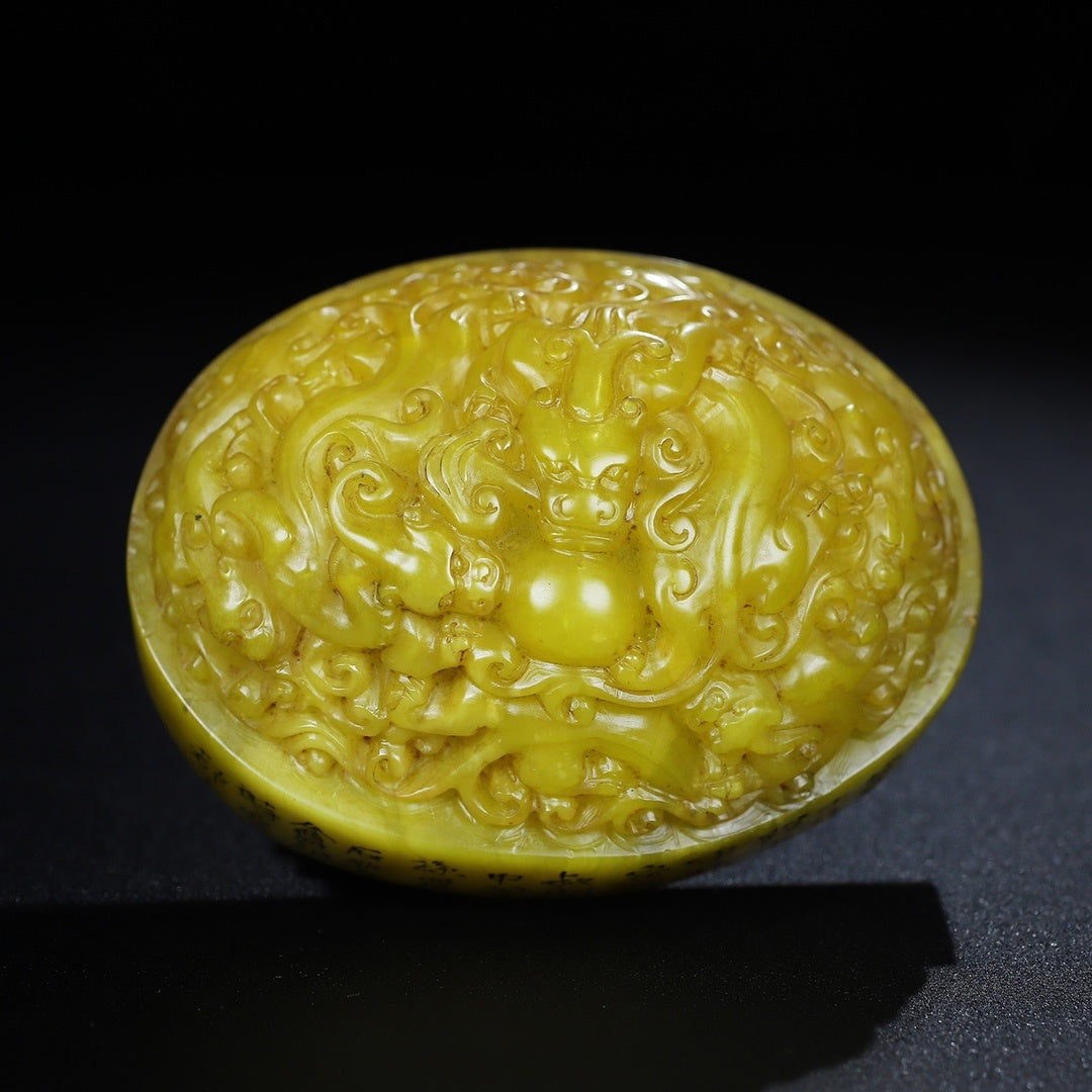 Old Chinese Yellow Shoushan Stone Low Relief Five Dragon Seal w Wood Box