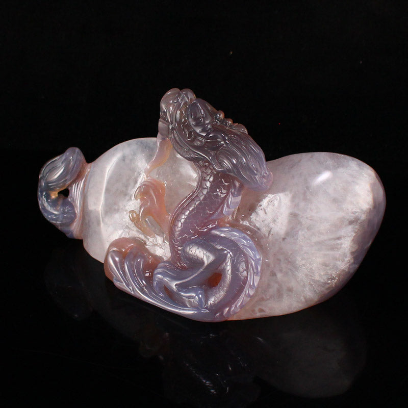 Natural Agate High Relief Fortune Dragon Statue w Certificate