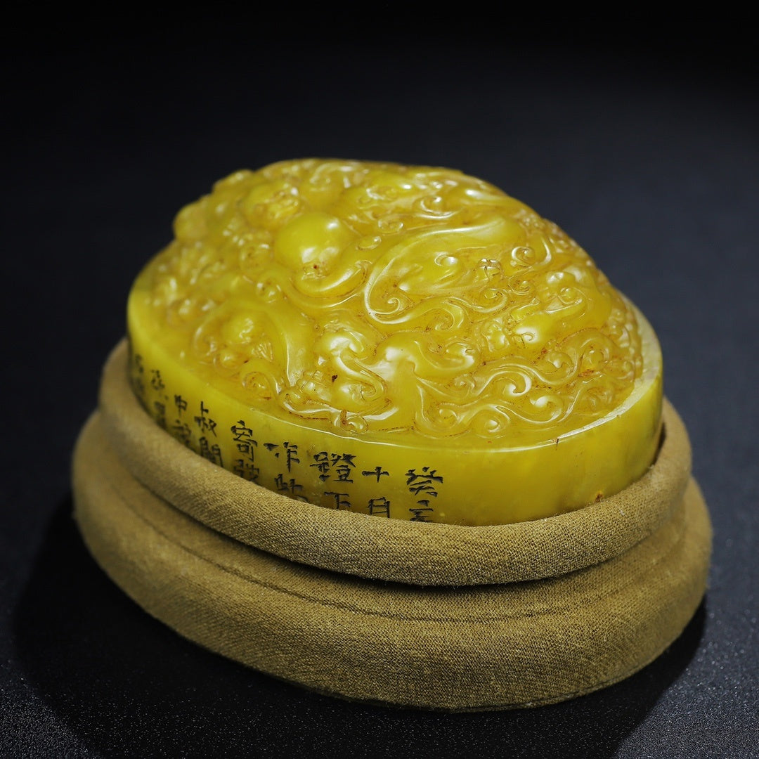 Old Chinese Yellow Shoushan Stone Low Relief Five Dragon Seal w Wood Box