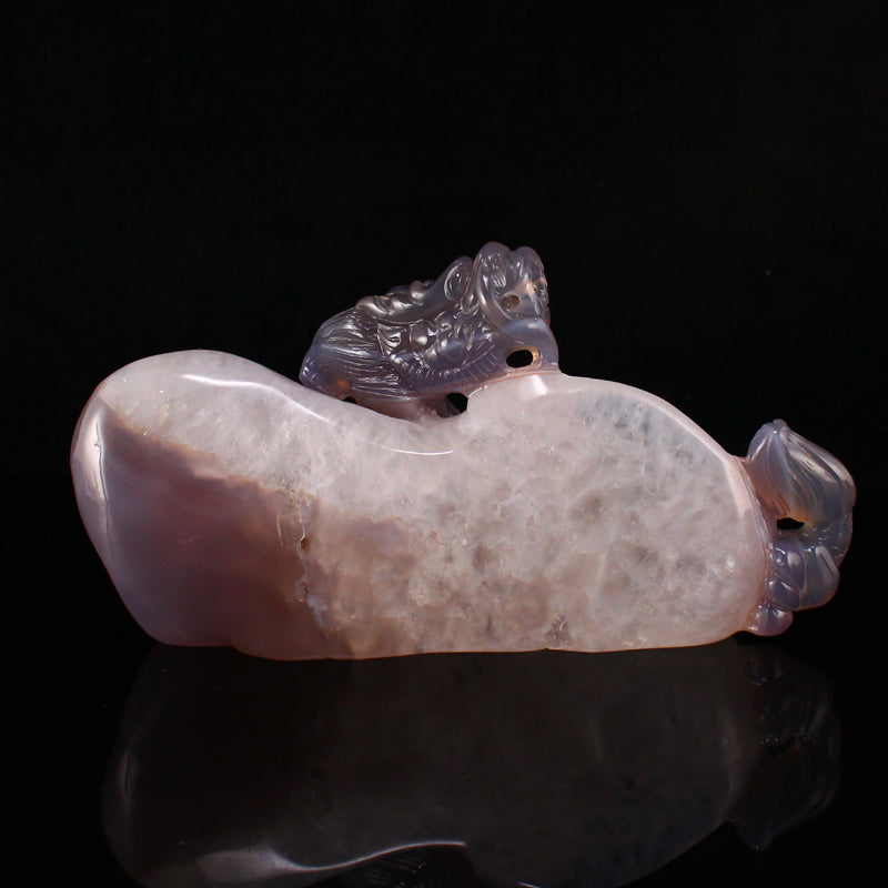 Natural Agate High Relief Fortune Dragon Statue w Certificate