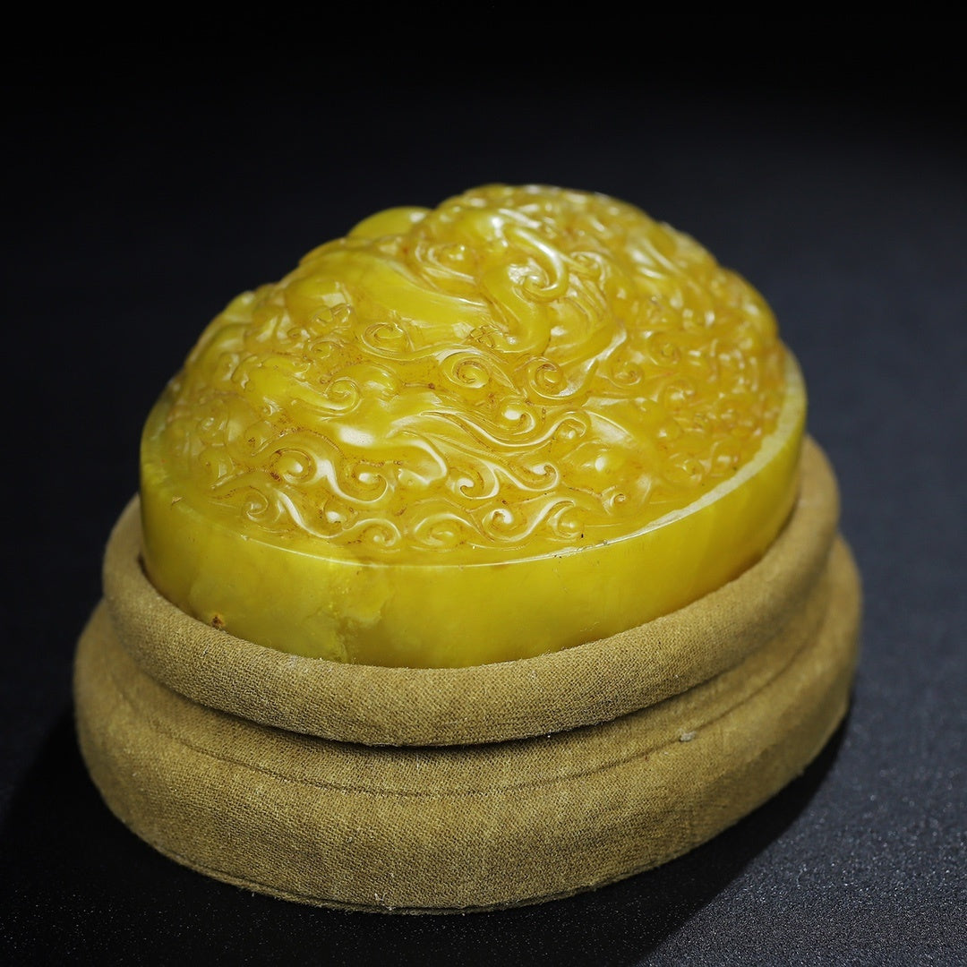 Old Chinese Yellow Shoushan Stone Low Relief Five Dragon Seal w Wood Box