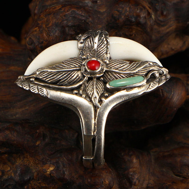 Chinese Pure Silver Inlay Turquoise & Coral Men's Ring Adjustable Size