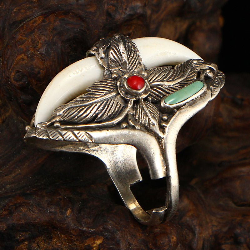 Chinese Pure Silver Inlay Turquoise & Coral Men's Ring Adjustable Size