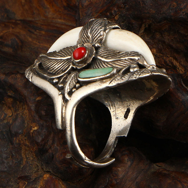 Chinese Pure Silver Inlay Turquoise & Coral Men's Ring Adjustable Size