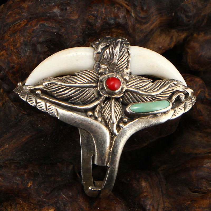 Chinese Pure Silver Inlay Turquoise & Coral Men's Ring Adjustable Size