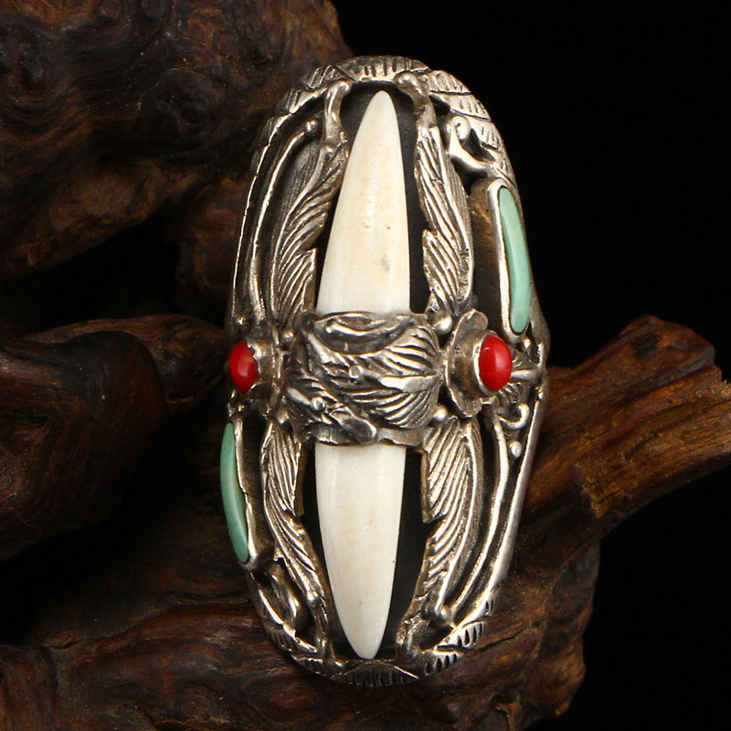 Chinese Pure Silver Inlay Turquoise & Coral Men's Ring Adjustable Size