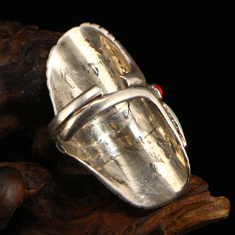 Chinese Pure Silver Inlay Turquoise & Coral Men's Ring Adjustable Size