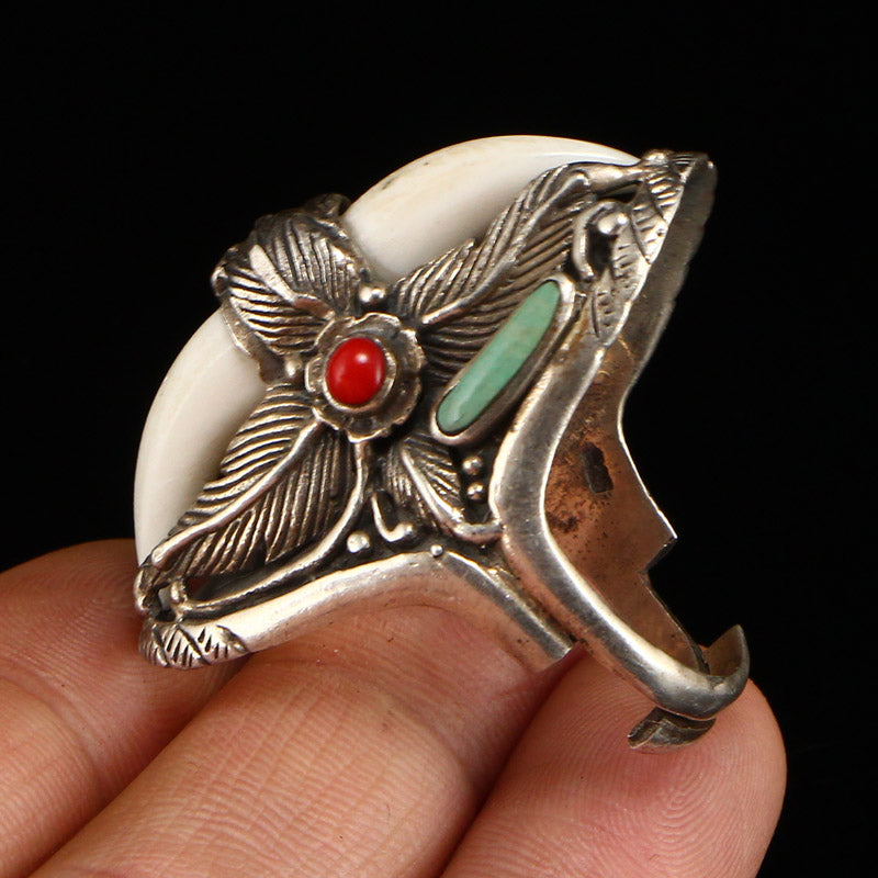 Chinese Pure Silver Inlay Turquoise & Coral Men's Ring Adjustable Size