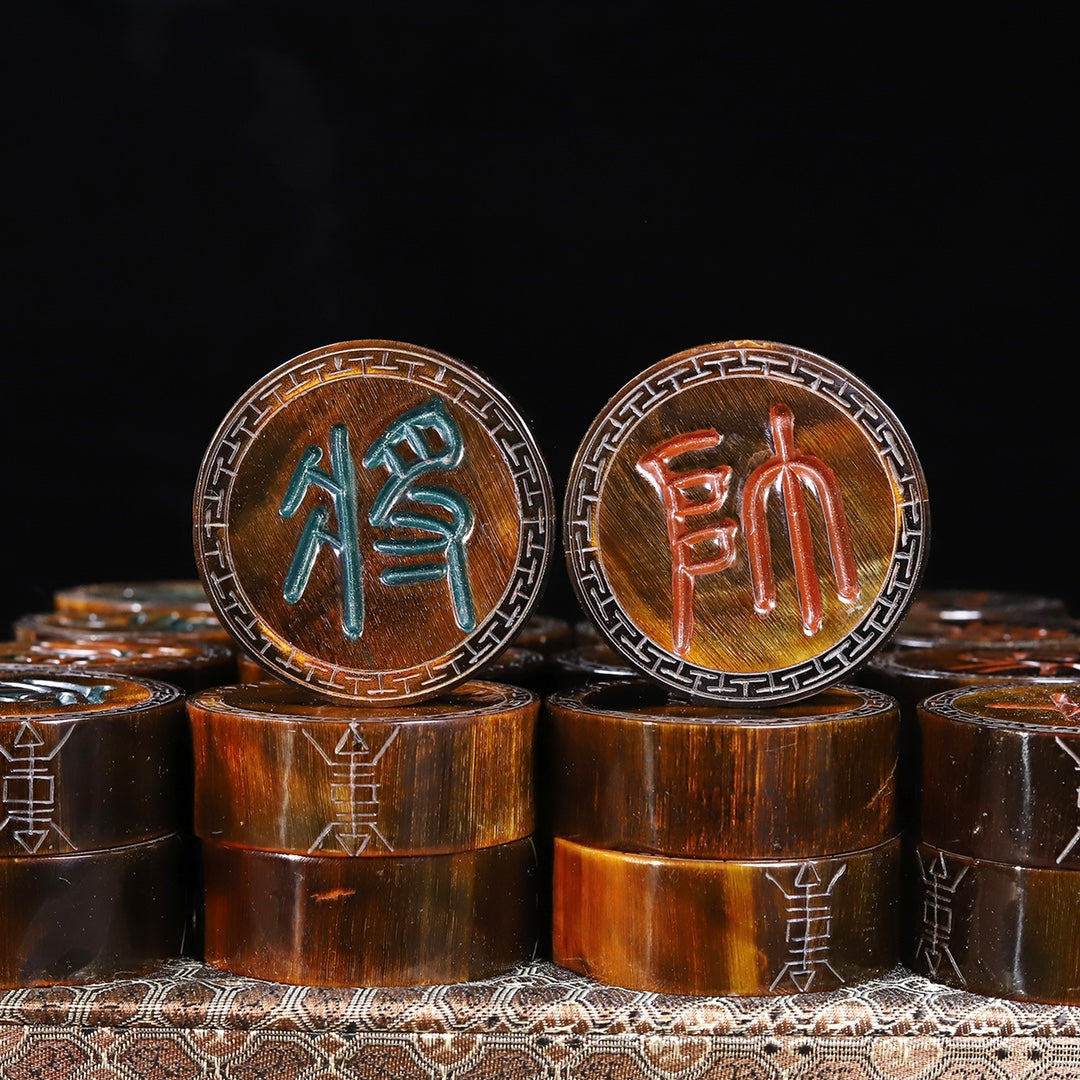 A Set Vintage Ox Horn Carved Chinese Chess