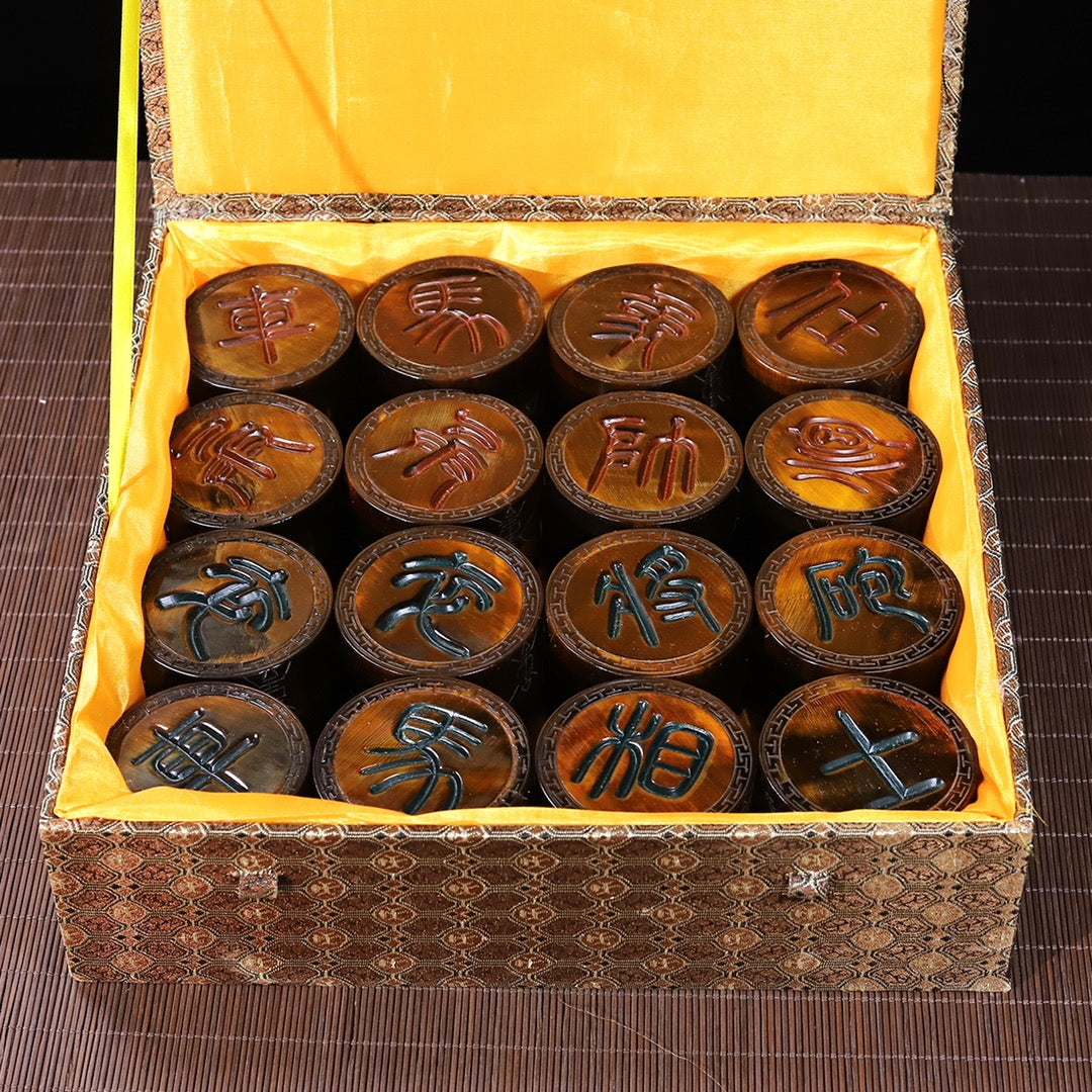 A Set Vintage Ox Horn Carved Chinese Chess