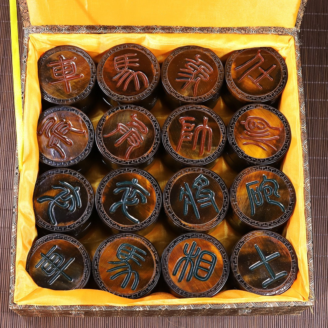 A Set Vintage Ox Horn Carved Chinese Chess