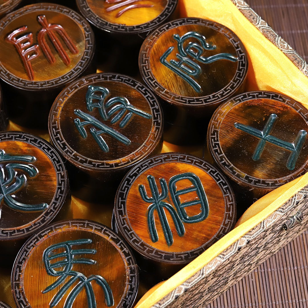A Set Vintage Ox Horn Carved Chinese Chess
