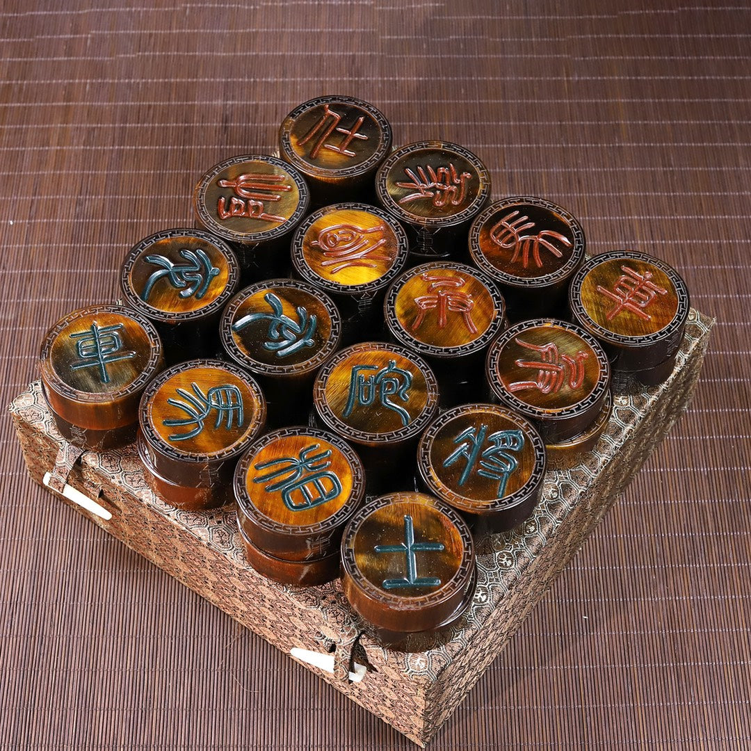 A Set Vintage Ox Horn Carved Chinese Chess