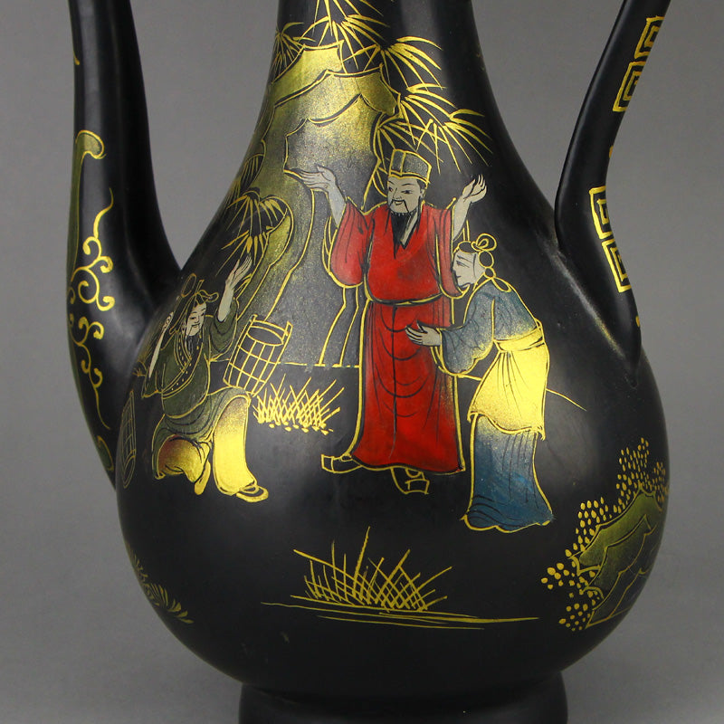 Vintage Chinese Gilt Gold Black Lacquerware Wine Pot w Qianlong Mark
